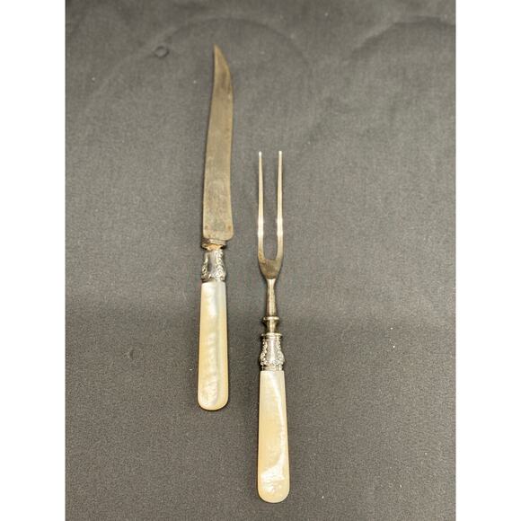 Antique Sterling Silver Carving Knife & Fork Set – Mother of Pearl Handles - Picture 2 of 9